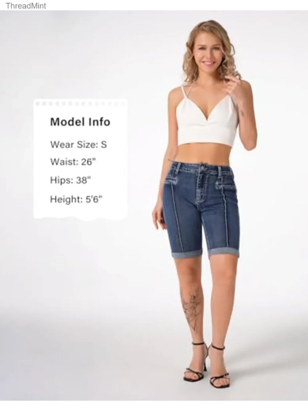 Women's Stretchy Skinny Knee Length Bermuda Jean Shorts with Front Seam Cuffed